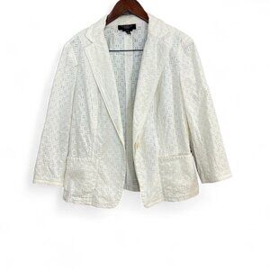 Talbots Blazer Jacket Women Size 10 White Stretch Embroidered Eyelet One Button